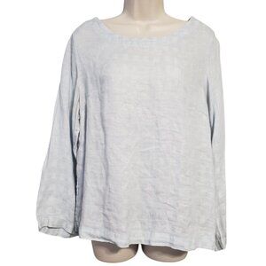 SIGRID OLSEN Lt Blue All Linen Top Large Round Neck Long Sleeve Checkered Weave